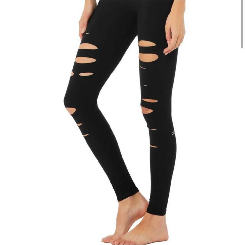 Alo Distressed High Rise Warrior Workout Yoga Dance Leggings Black Size XXS Long